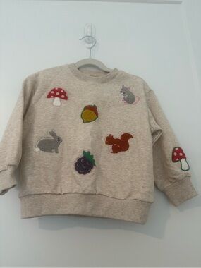Mini Boden Beige Sweatshirt with Forest Patch Appliqués